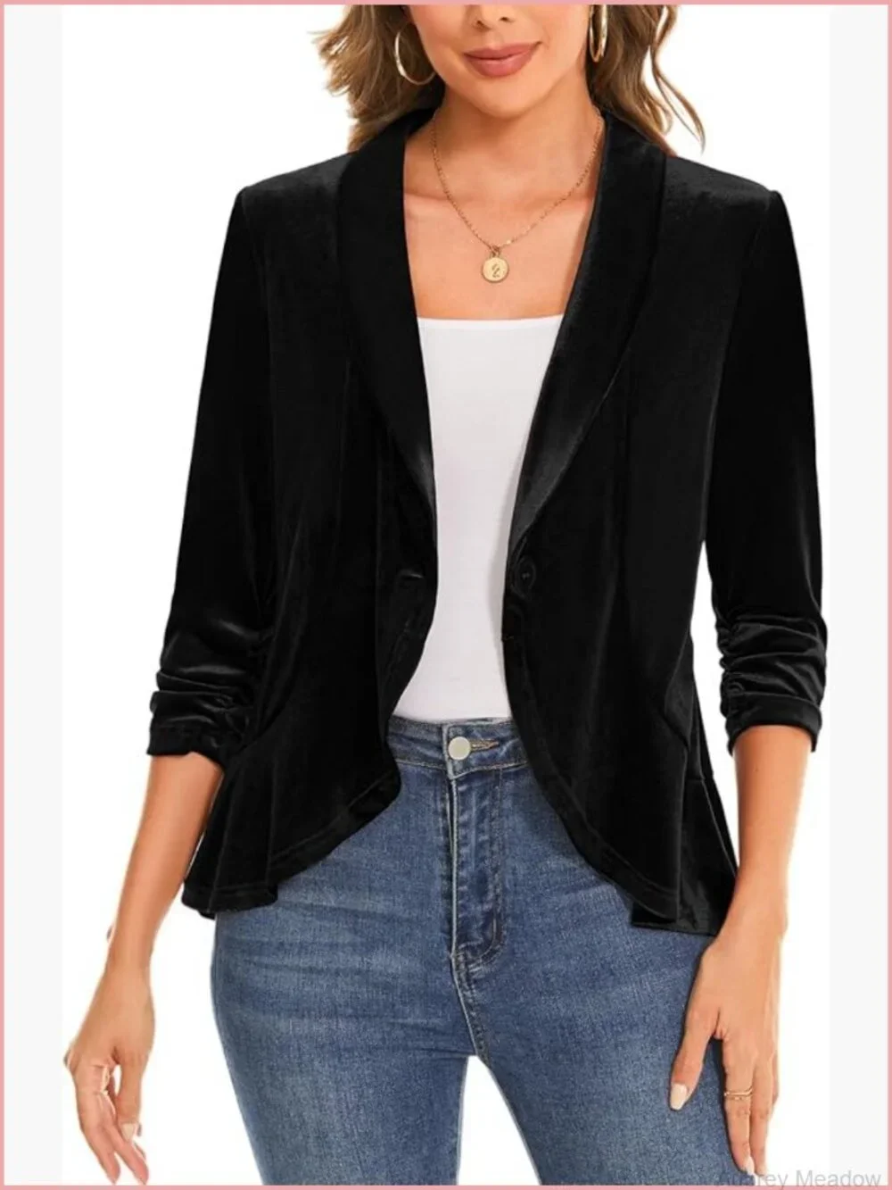 Velvet Blazer Ruched 3/4 Sleeve Shawl Lapel Button Front Ruffle Suit Jacket